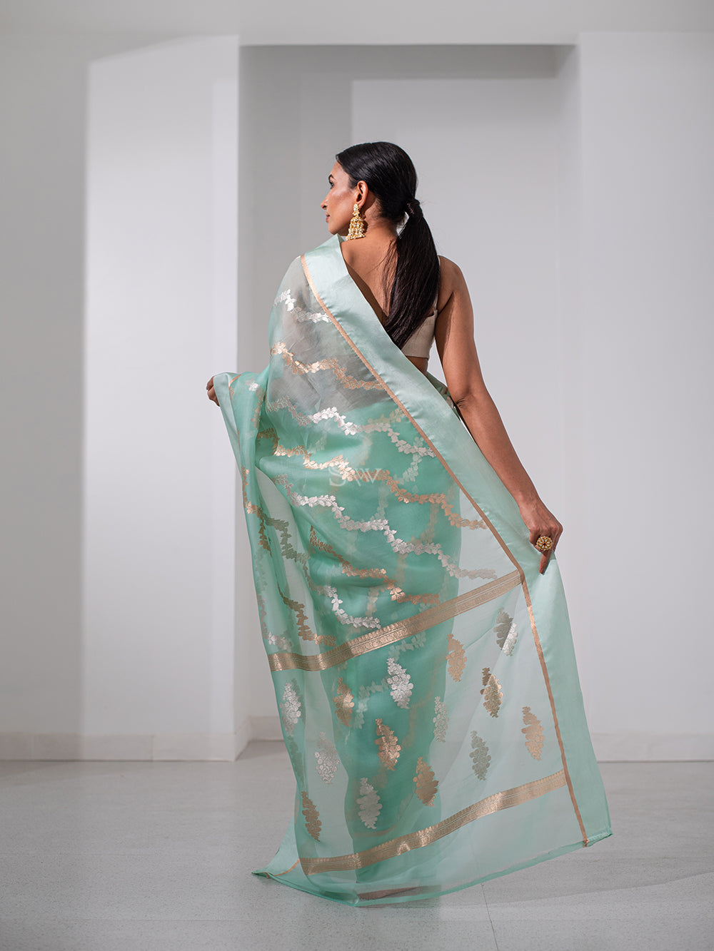 Sea Green Organza Handloom Banarasi Saree - Sacred Weaves