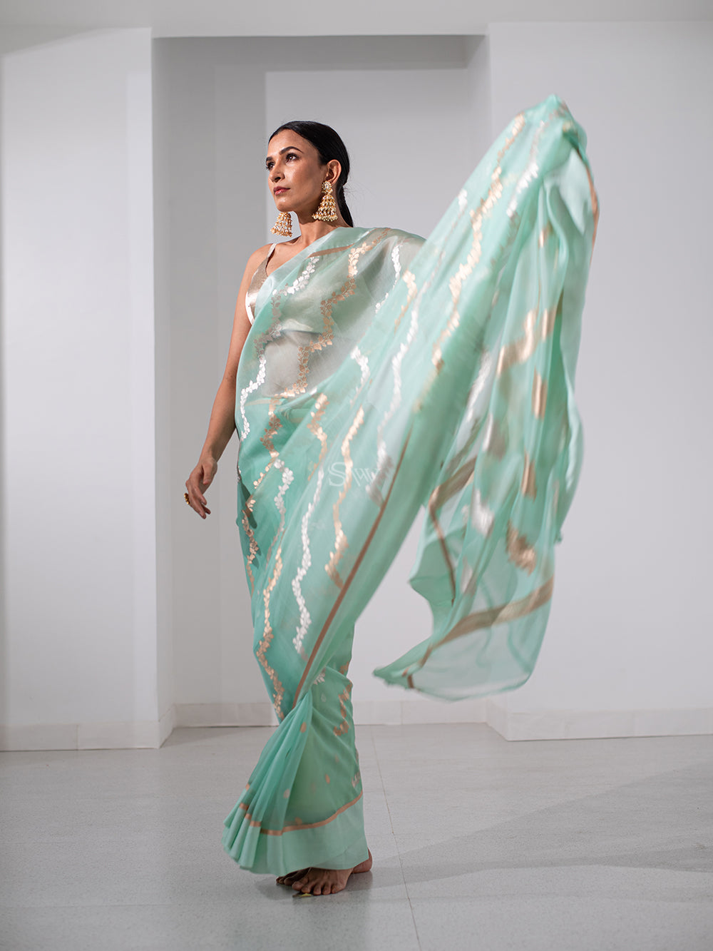 Sea Green Organza Handloom Banarasi Saree - Sacred Weaves