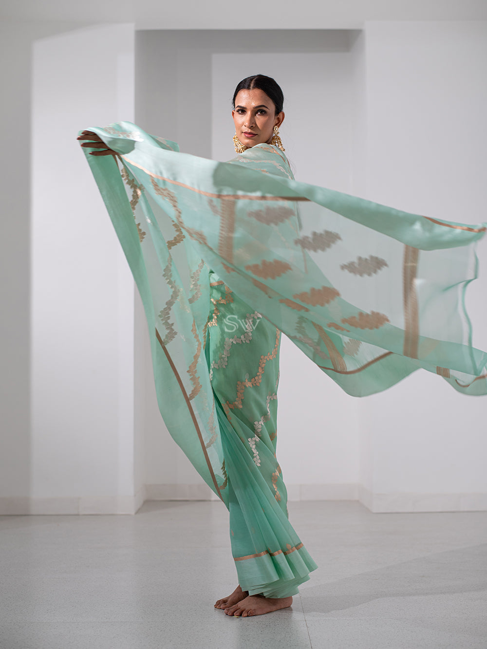 Sea Green Organza Handloom Banarasi Saree - Sacred Weaves