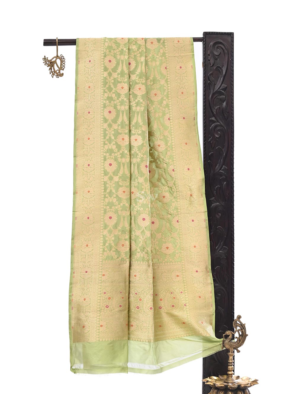 Pista Green Meenakari Jaal Katan Silk Handloom Banarasi Dupatta - Sacred Weaves