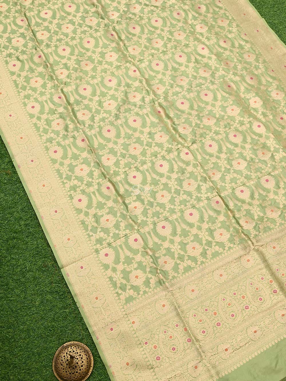 Pista Green Meenakari Jaal Katan Silk Handloom Banarasi Dupatta - Sacred Weaves