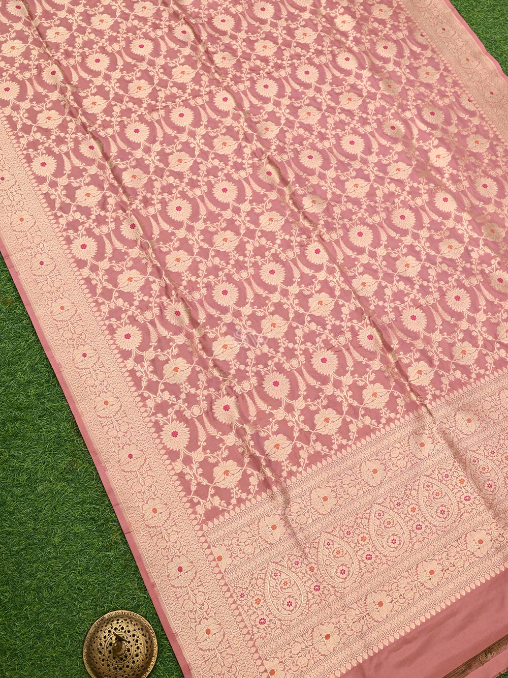 Dusty Pink Meenakari Jaal Katan Silk Handloom Banarasi Dupatta - Sacred Weaves