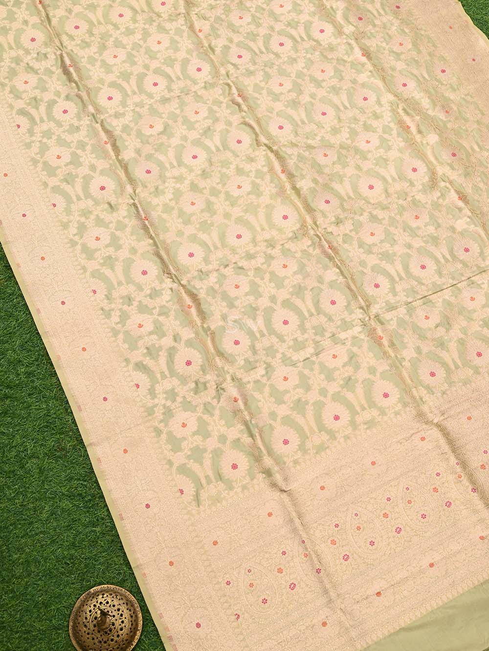 Pastel Yellow Meenakari Jaal Katan Silk Handloom Banarasi Dupatta - Sacred Weaves