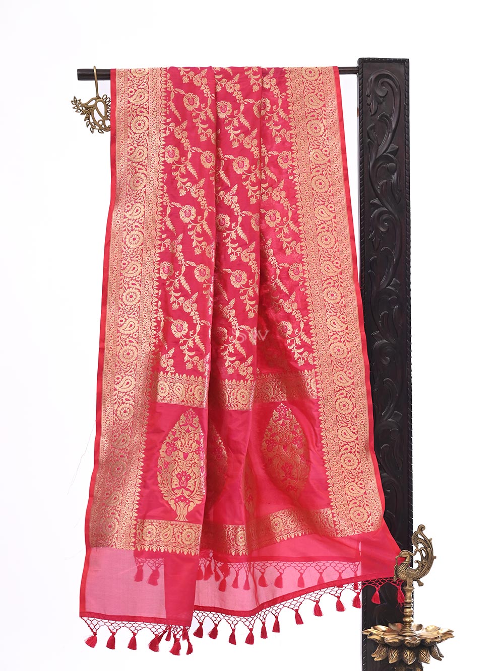 Pink Red Jaal Katan Silk Handloom Banarasi Dupatta - Sacred Weaves