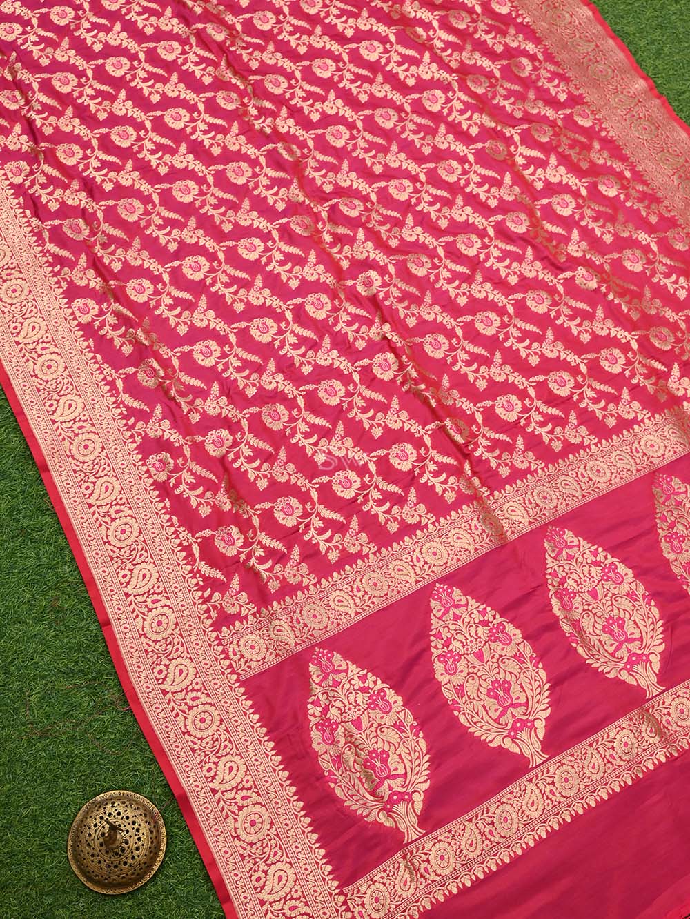 Pink Red Jaal Katan Silk Handloom Banarasi Dupatta - Sacred Weaves