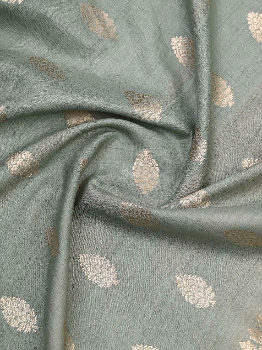 Pastel Mint Green Tussar Silk Handloom Banarasi Suit - Sacred Weaves