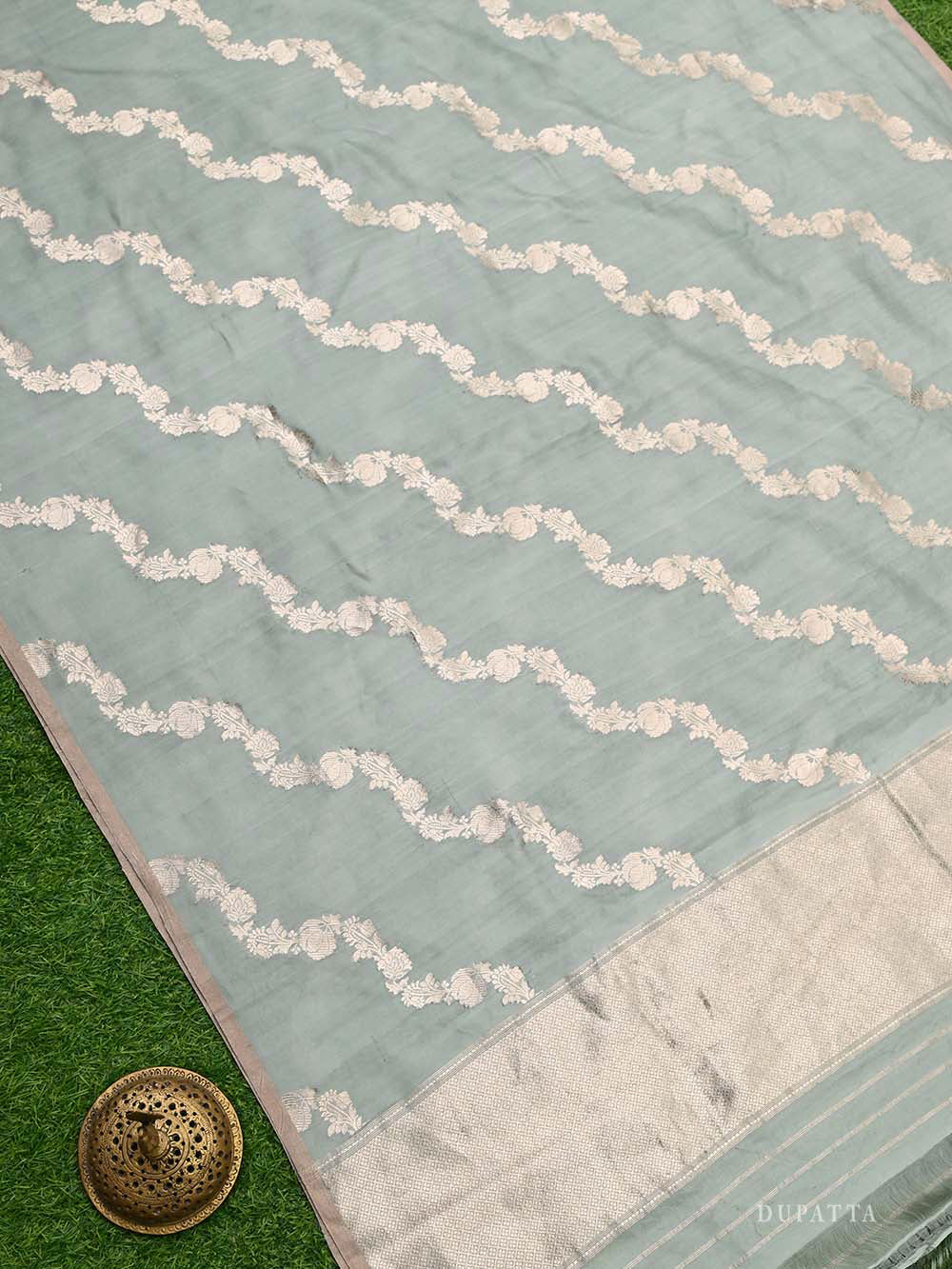 Pastel Mint Green Tussar Silk Handloom Banarasi Suit - Sacred Weaves
