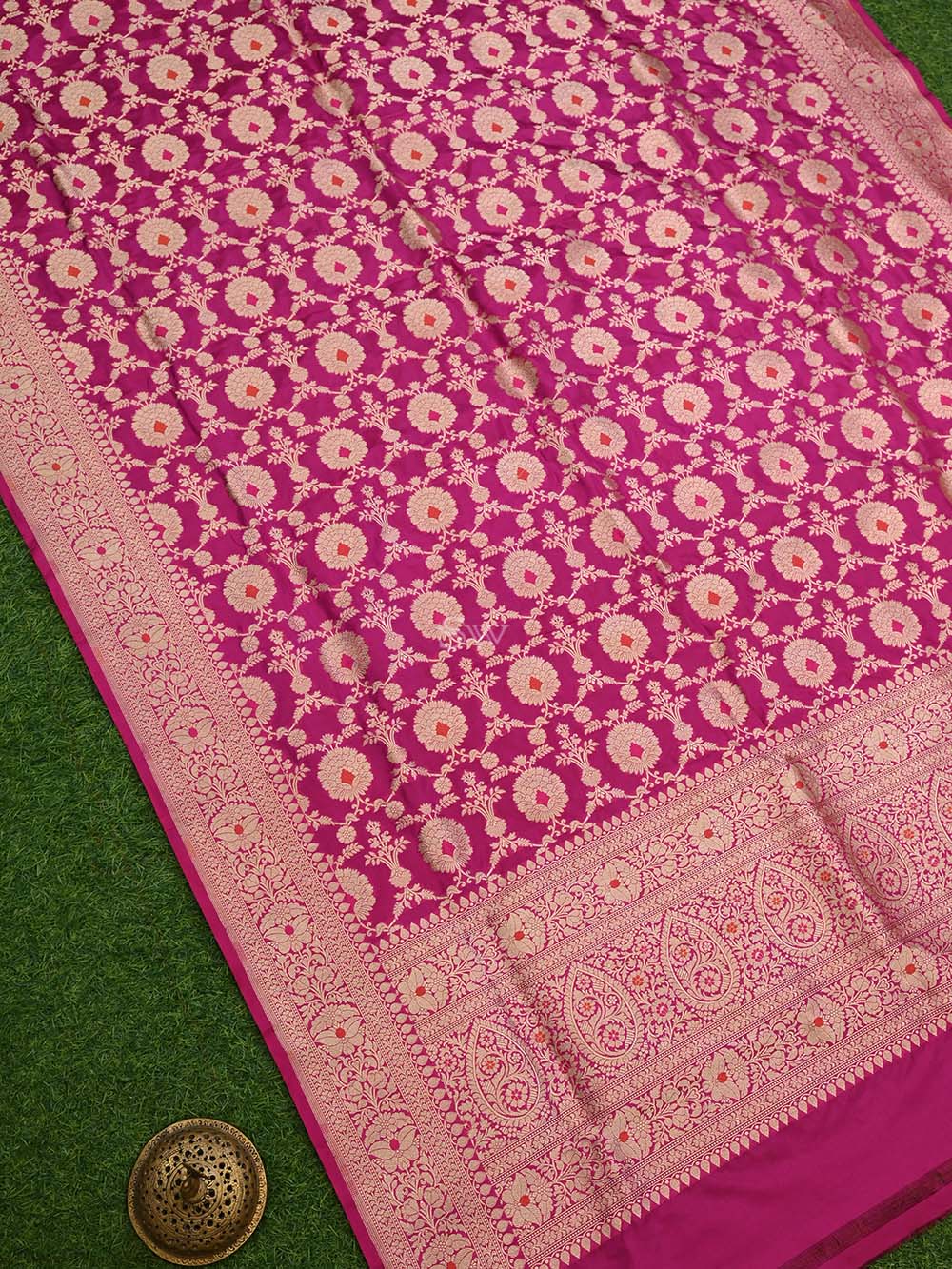 Dark Pink Meenakari Jaal Katan Silk Handloom Banarasi Dupatta - Sacred Weaves