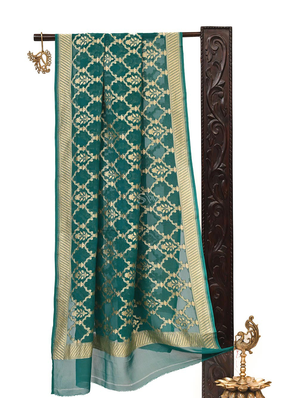 Teal Green Khaddi Georgette Handloom Banarasi Dupatta - Sacred Weaves