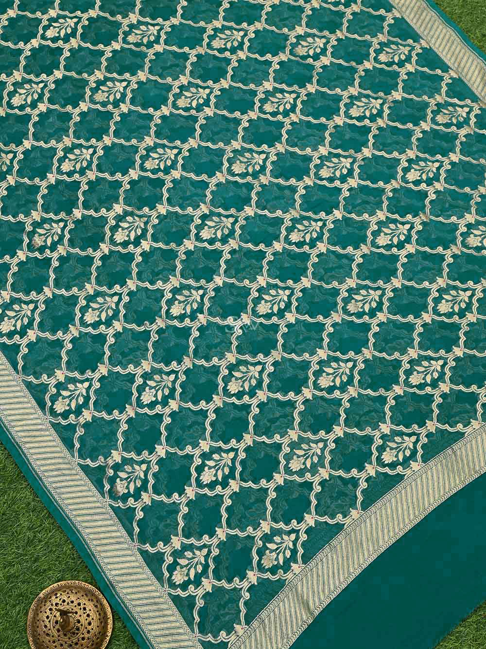 Teal Green Khaddi Georgette Handloom Banarasi Dupatta - Sacred Weaves