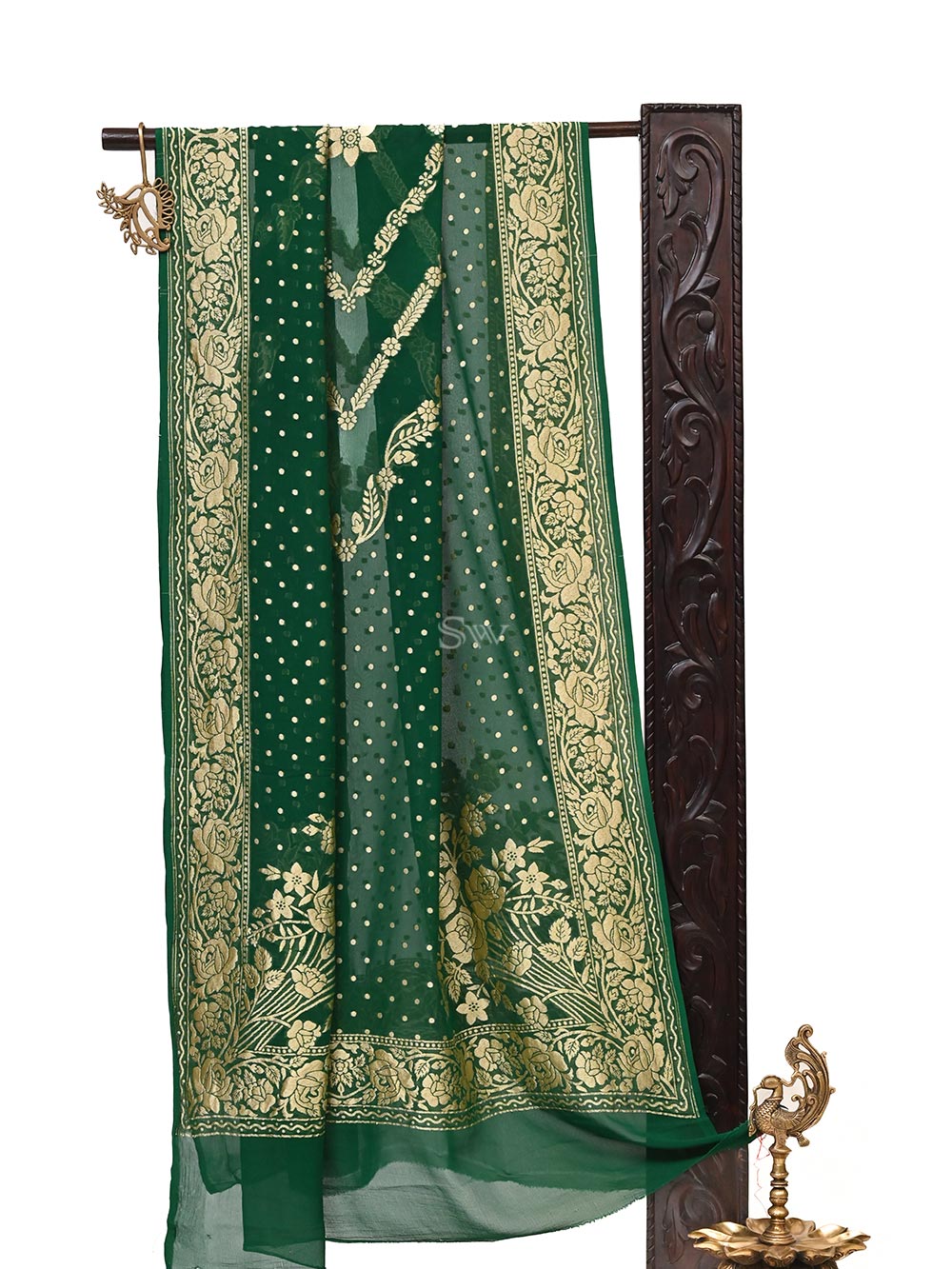 Bottle Green Khaddi Georgette Handloom Banarasi Dupatta - Sacred Weaves